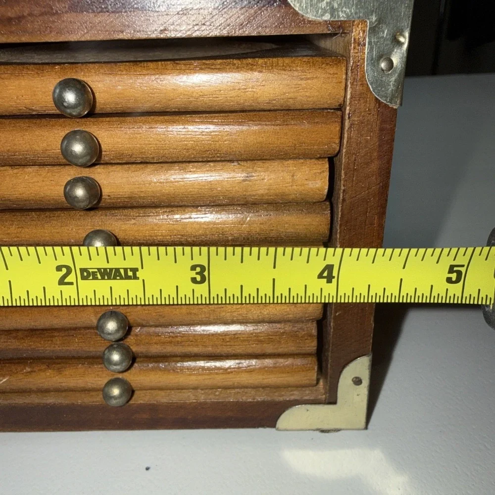 Vintage Wood‎ Cork Coaster Set 8 Mid Century Metal Trim Accents Handle
